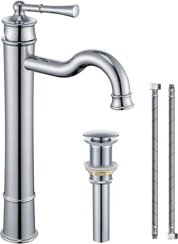 Vista 8 de Grifo de lavabo con montaje en cubierta de oro cepillado, grifo de baño alto, orificio único, con tapón de drenaje automático, sin desbordamiento