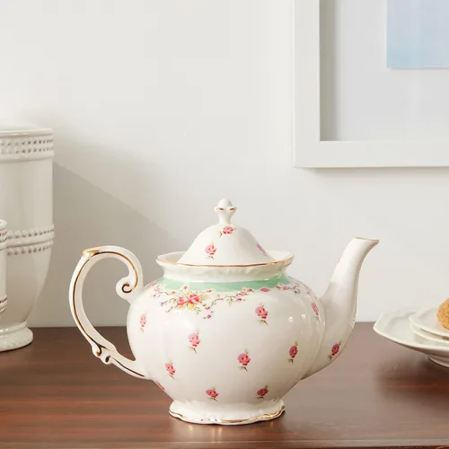 Vista 4 de Gracie China by Coastline Imports Tetera de porcelana rosa vintage Gracie China de 5 tazas verde