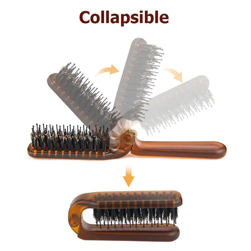 Vista 4 de Cepillos de pelo para mujer, mini cepillo plegable de cerdas de jabalí de viaje, cepillo de pelo pequeño para todo tipo de cabello, cepillo de pelo