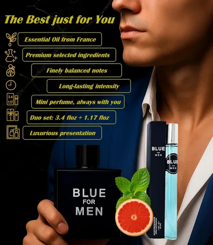 Vista 3 de Blue For Men, juego de 02 piezas, 3.4 fl oz/3.4 fl oz y tamaño de viaje de 1.2 fl oz/ 1.17 onzas líquidas, intensidad moderada, Eau de Toilette