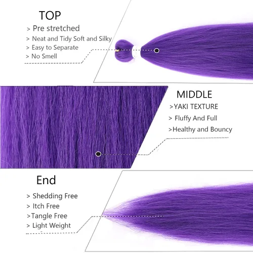 Vista 3 de Cabello trenzado morado de 24 pulgadas, extensiones de cabello sintético preestirado Rumi para fiesta de escenario, disfraz de Halloween, cosplay