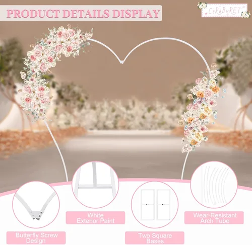 Vista 2 de Soporte de arco en forma de corazón de 8.7 x 7.7 pies, arco de jardín con base, soporte de arco de metal para bodas, graduaciones, fiestas, Blanco