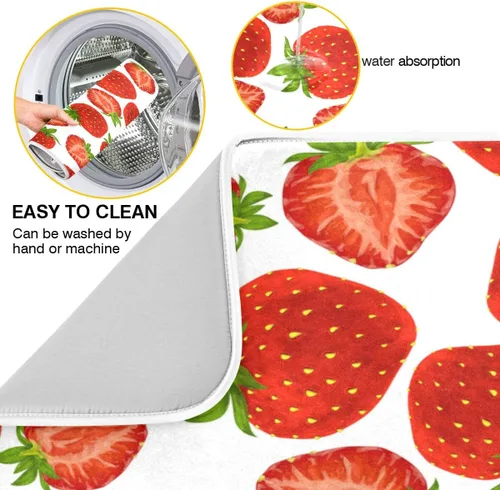 Vista 2 de Tapete de secado de platos para encimera de cocina, fresas de verano, ultra absorbente, reversible, de microfibra, resistente al calor, 18 x 24