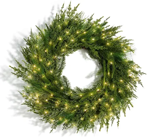 Vista 9 de LampLust Corona de Navidad de ciprés con luces, corona de 22 pulgadas con 100 luces LED a pilas y lazo de terciopelo, coronas de invierno