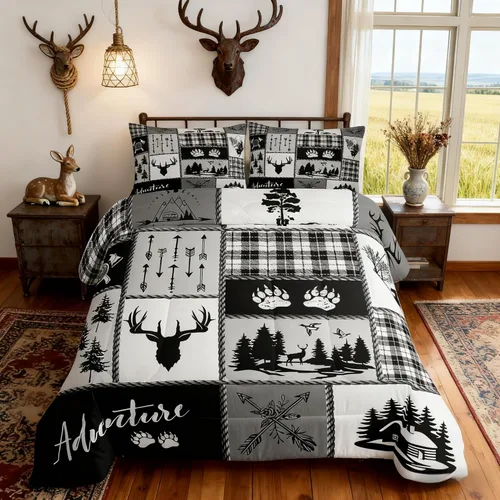 Vista 20 de Manfei Juego de Edredón de Siluetas de Animales con Astas de Ciervo Tamaño Full, Juego de Ropa de Cama de Camuflaje con Cuadros Geométricos de 3