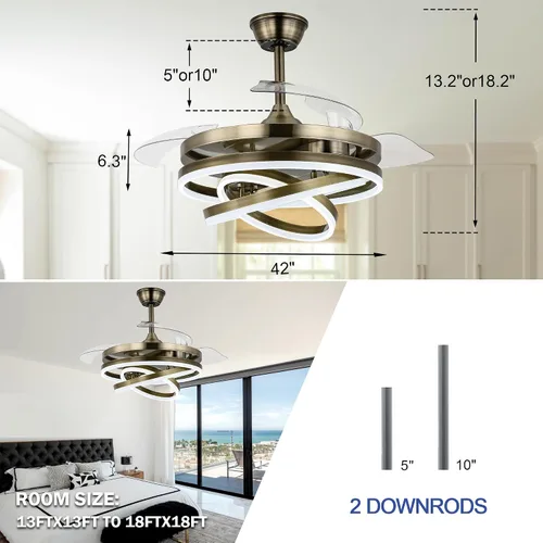 Vista 6 de Ventilador de techo retráctil de 42 pulgadas, ventiladores de techo con lámpara de araña y control remoto con DC motor, con luces, para sala