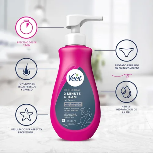 Vista 3 de Veet Crema profesional de 2 minutos para todo tipo de piel con manteca de karité, bikini completo y depilación púbica, probada dermatológicamente