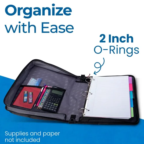 Vista 2 de Case-it Carpeta Universal con Cremallera Anillas en O de 2 Pulgadas, Bolsillo Acolchado para Portátil/Tableta de 13 Pulgadas, Capacidad de 400