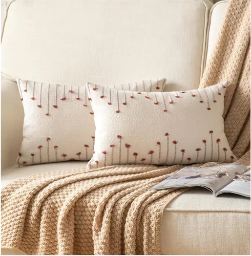 Vista 30 de Caflife Fundas de almohada boho de 18 x 18 pulgadas, juego de 2 almohadas decorativas para cama, fundas de almohada beige con línea negra para sofá