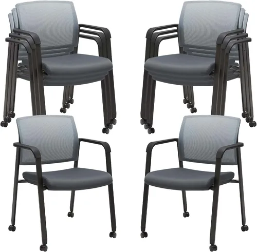 Vista 37 de CLATINA Silla de oficina apilable con ruedas, respaldo de malla, sillas de invitados con brazos, cómodo cojín de cuero, silla de escritorio apilable