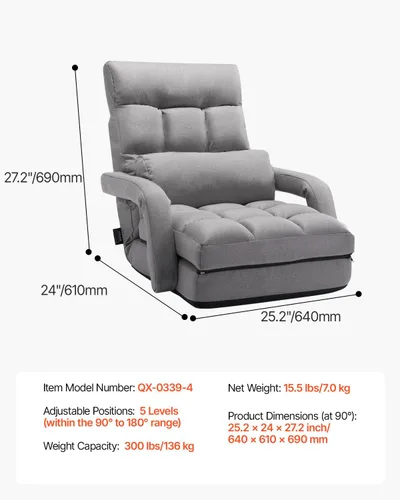 Vista 3 de VEVOR Silla de suelo, silla de juegos de suelo con 5 posiciones ajustables y soporte para el respaldo, silla plegable con reposabrazos para adultos