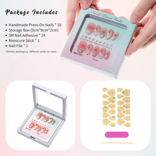 Vista 4 de Sun&Beam Nails Uñas postizas a presión hechas a mano, medianas y largas, almendra, ovalada, rosa y blanca, punta falsa, diseño 3D, lindos con caja