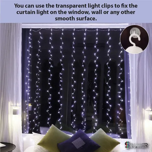 Vista 3 de SINAMER Cortina de luz blanca para dormitorio, 6.56 x 9.8 pies, 300 luces LED con 16 ganchos, 8 modelos de iluminación de control remoto, luz