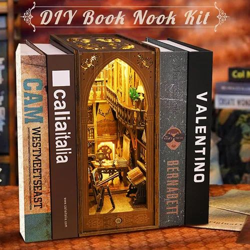 Vista 2 de Kit de Rincón de Libros, MOJINO Rompecabezas 3D en Miniatura DIY Sujetalibros de Madera Casa de Muñecas con Luces LED para Decoración de Estantería