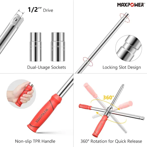 Vista 3 de MAXPOWER Llave para ruedas, Llave de neumático con transmisión de 1/2 pulgada y 2 piezas de llaves estándar (17 mm/19 mm, 21 mm/23 mm), Llave
