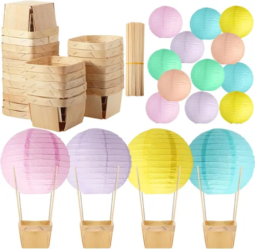 Vista 12 de Namalu Juego de 24 centros de mesa de globo de aire caliente, faroles de papel, cajas de madera para dulces con palos, manualidades para baby Serie