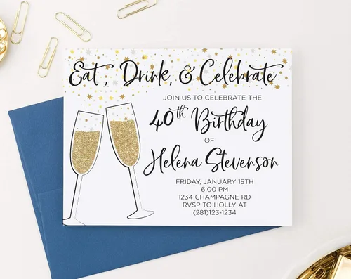 Vista 2 de Invitaciones de cumpleaños número 40 para mujer, color champán negro y dorado, tarjetas de invitación de cumpleaños número 50 para mujer