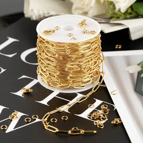 Vista 7 de KYUNHOO Cadena de acero inoxidable chapada en oro de 16.4 ft para hacer joyas, cadena ovalada en relieve de 0.157 in de ancho, cadena de joyería