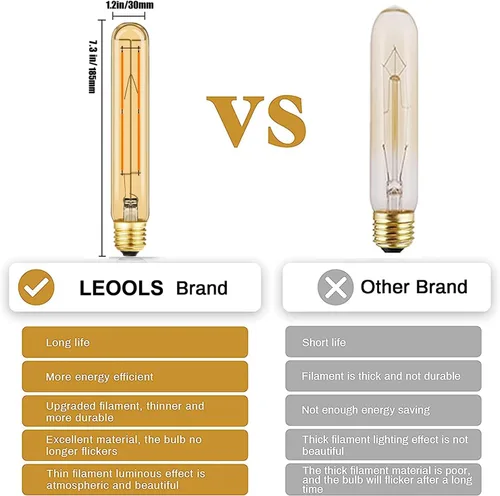 Vista 2 de Leools - Bombilla LED T10 Ámbar 8 W, igual a 60 W, E26, Edison, CA 120 V, regulable, bombilla tubular de 7.3 pulgadas, luz blanca cálida, 2700 K