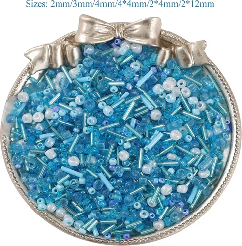 Vista 2 de 1000 cuentas de semillas de vidrio mixto, 0.059-0.177 in, tubo azul, cuentas espaciadoras de semillas de vidrio sueltas para fabricación de joyas