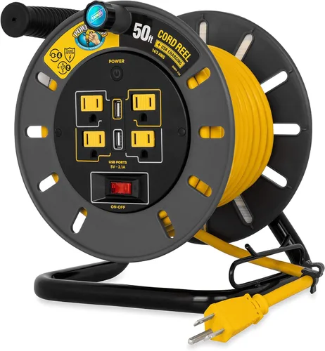 Vista 5 de Camco Carrete de cable de extensión RV de 30 pies y 10 amperios, clasificado para 125 V/1,250 W, cuenta con 4 tomas eléctricas de 125 V y 2 puertos