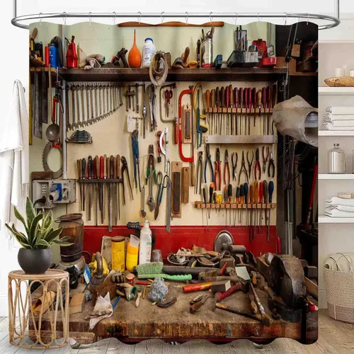 Vista 21 de Cortina de ducha de madera rústica para baño, tablero de madera marrón rústica, versículo de la Biblia, casa de campo traviesa, granero occidental