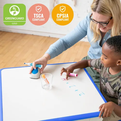 Vista 6 de ECR4Kids Mesa de actividades cuadrada de borrado en seco con 2 sillas, ajustable, muebles para niños, azul, 3 piezas