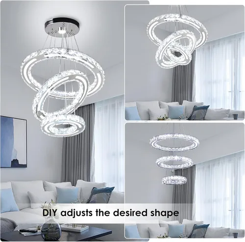 Vista 8 de CXGLEAMING Lámparas de araña modernas de techo LED con 3 anillos, lámpara de araña ajustable de cristal, lámpara de techo colgante para sala