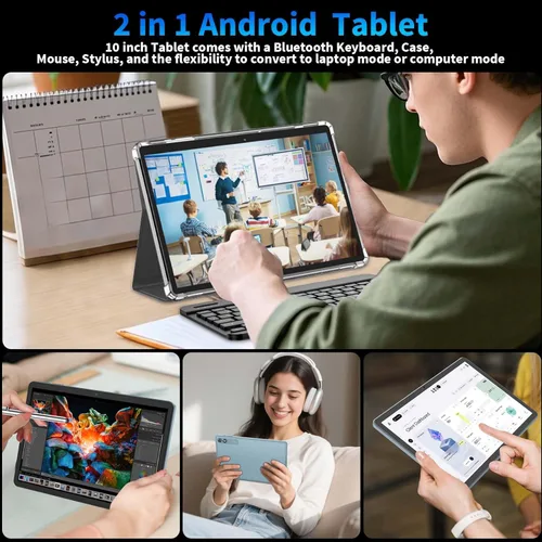 Vista 9 de Tablet Android 15 de 10 pulgadas, tableta 2026 con teclado, 24 GB+256 GB+2 TB expandir, tabletas 2 en 1 con 8 núcleos, WiFi 5G, 8000 mAh, BT5.0