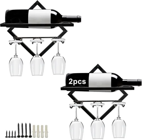 AUHOKY Soporte de metal para vino montado en la pared, estante de vidrio plegable para colgar vino tinto con 3 soportes para vidrio de vástago,