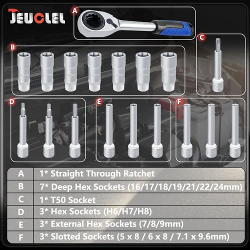Vista 2 de Juego de 18 piezas de herramienta de extracción de tuerca de puntal de amortiguador de suspensión, juego de trinquete y llave de 1/2 pulgada