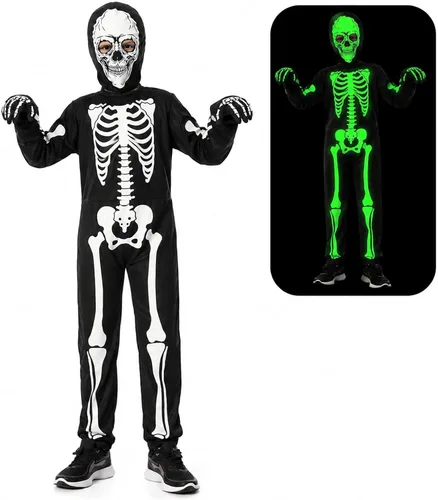 Barelove Disfraz de esqueleto luminoso de Halloween, overol con sombrero y