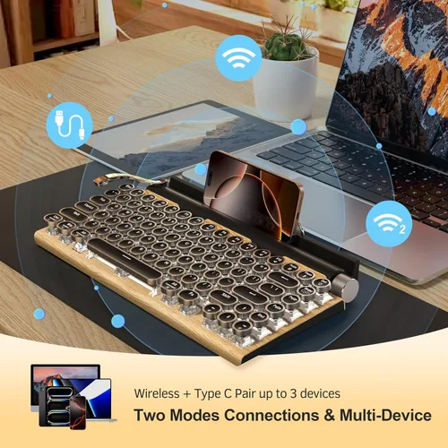 Vista 4 de Máquina de escribir retro teclado mecánico inalámbrico para juegos, Bluetooth 5.0 para computadora de oficina, teclados vintage, 83 teclas azules