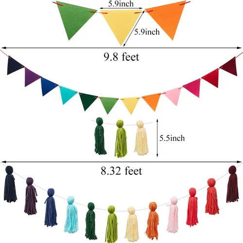 Vista 3 de Guirnalda colorida de 5 piezas, guirnalda de bolas de fieltro de arco iris, guirnalda de Navidad con borlas triangulares, guirnaldas de pompones