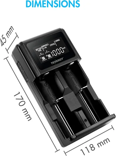 Vista 7 de Tenergy TN471U 2-Bay Universal Battery Charger with LCD for Li-ion/NiMH/NiCD Rechargeable Batteries, Micro USB Input, Portable Charger for