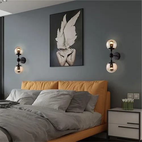 Vista 3 de Modo Lighting Industrial Wall Sconce Lighting Black Wall lamp 2 Lights Mid-Century Vanity Light Fixture with Globe Glass Shade for Bedroom Study