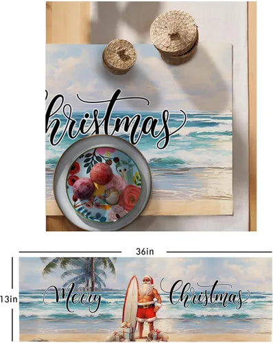 Vista 6 de Camino de mesa de verano de Navidad de 36 pulgadas, corto, de lino de algodón, cocina, comedor, mesa de café, decoración de tocador, camino de mesa
