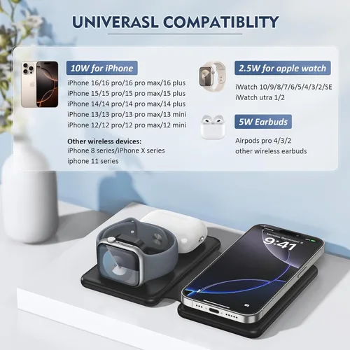 Vista 2 de Cargador inalámbrico para iPhone - Estación de carga 3 en 1 para dispositivos Apple para iPhone 17, 16, 15, 14, 13, 12 Pro Max Plus, almohadilla