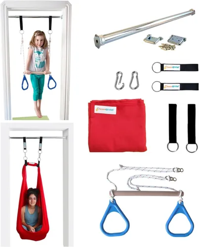 DreamGYM Doorway Sensory Swing Kit - Columpio de compresión rojo y barra de trapecio con anillos de gimnasio azules
