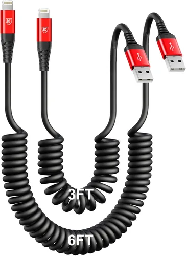 Vista 9 de Cable Lightning en espiral, cable de carga para iPhone de 3 pies para automóvil, paquete de 2 [certificado Apple MFi], cable Lightning de 3 pies