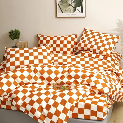 Vista 284 de CLOTHKNOW Juego de edredón de 3 piezas a cuadros color beige óxido, tamaño Full, juego de ropa de cama de cuadros edredón terracota con 2 fundas