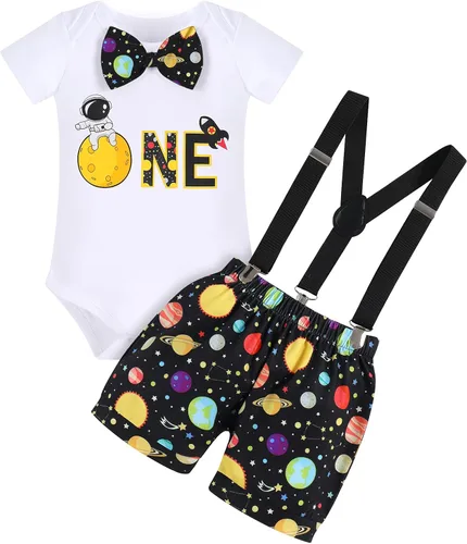 IMEKIS Mameluco para bebÃ© niÃ±o con diseÃ±o espacial para primer cumpleaÃ±os + pantalones cortos con tirantes, astronautas y accesorios para fotos