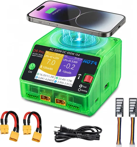 Vista 10 de HOTA D6 Pro Lipo Cargador de batería, doble canal 15A AC200W DC650W Cargador de equilibrio inteligente con panel de carga inalámbrico Salida USB
