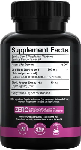 Vista 2 de Extracto de Raíz de Remolacha - 12000mg Cápsulas de Suplemento de Raíz de Remolacha 20x Concentradas c/Pimienta Negra - Altos Nitratos - Potenciador