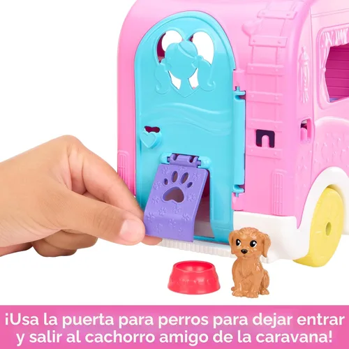 Vista 6 de Barbie Camper, Chelsea - Juego 2 en 1 con muñeca pequeña, 2 mascotas y 15 accesorios, el vehículo se transforma en campamento (exclusivo de Yaxa)