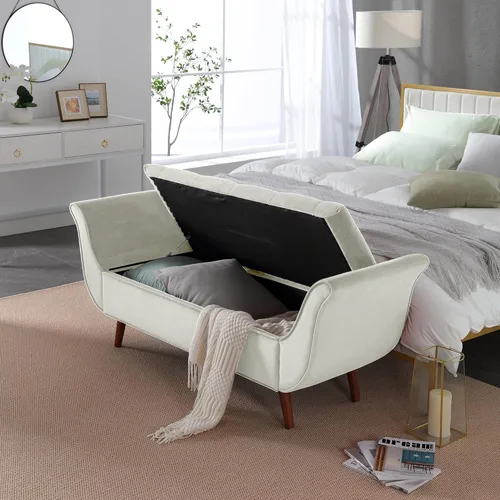 Vista 3 de Banco de almacenamiento al final de la cama para dormitorio, banco de almacenamiento de terciopelo tamaño King de 65" con 2 almohadas, banco sofá