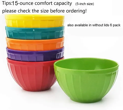 Vista 6 de KX-WARE Juego de cuencos de melamina estriados con tapas, 6 cuencos de 15 onzas, 6 cuencos de melamina 100% resistentes a la rotura y tapas