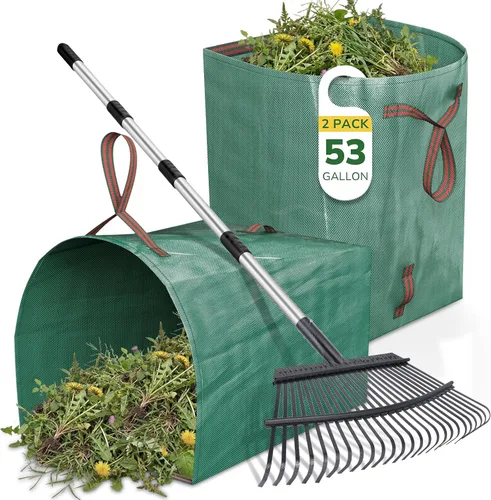 Vista 17 de GreatBuddy Combo de rastrillo y bolsas de hojas para hojas, rastrillo de jardín de metal ajustable de 29 a 72 pulgadas, 11 dientes, paquete de 2