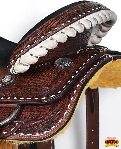 Vista 6 de HILASON Western Horse Barrel Racing Sillín Trail American Leather Sillín Western Sillín para caballos Barrel Racing Sillín
