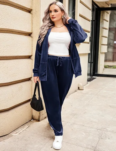 Vista 3 de IN'VOLAND Chándal de terciopelo para mujer, talla grande, sudadera de manga larga, 2 piezas, sudadera con capucha y bolsillos